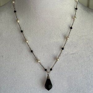 Black Beads and Peals Necklace with Matching Earrings